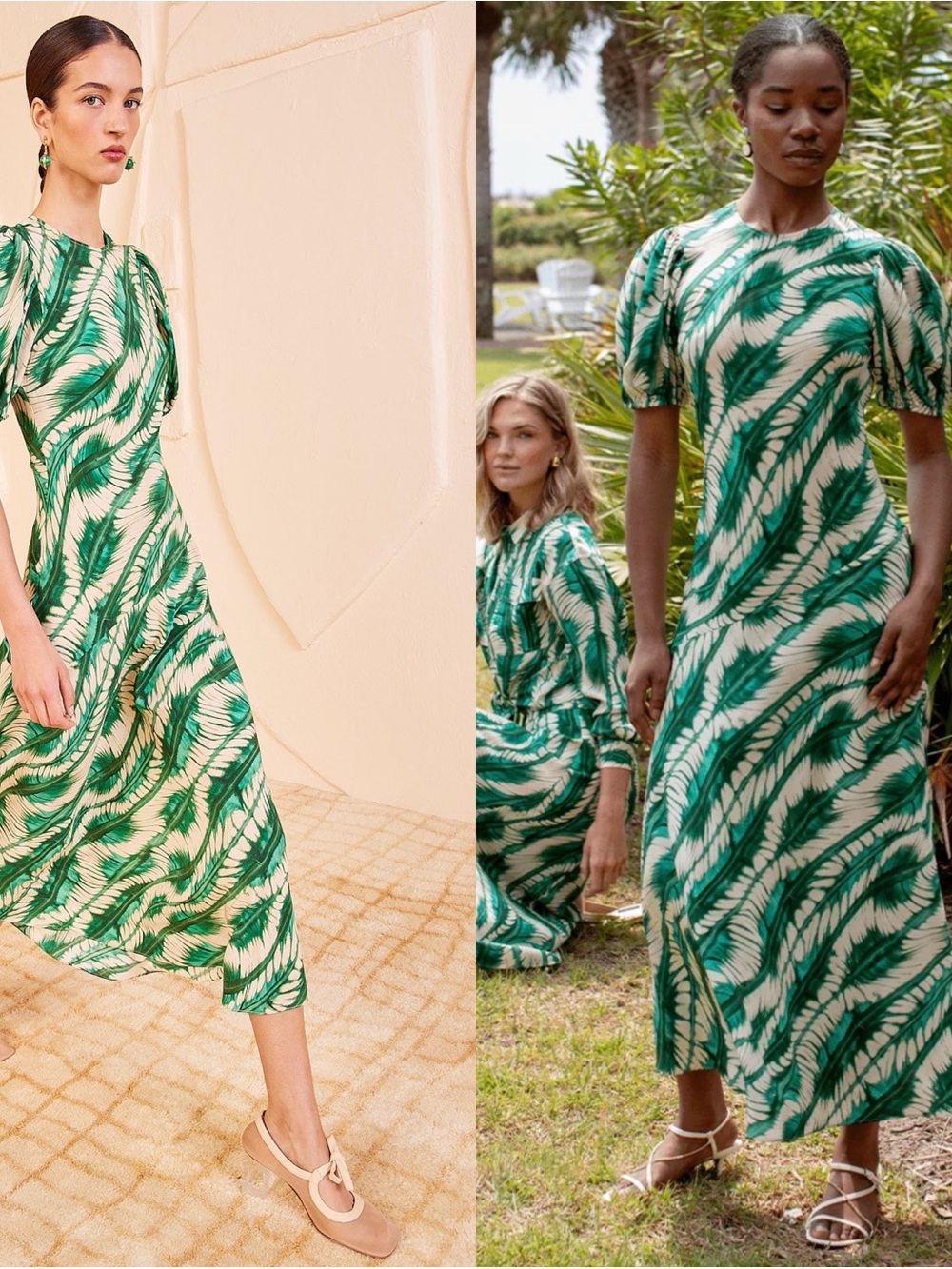 Ulla Johnson Ines Acacia Green Puff Sleeve Printed Silk Midi Dress Size 0